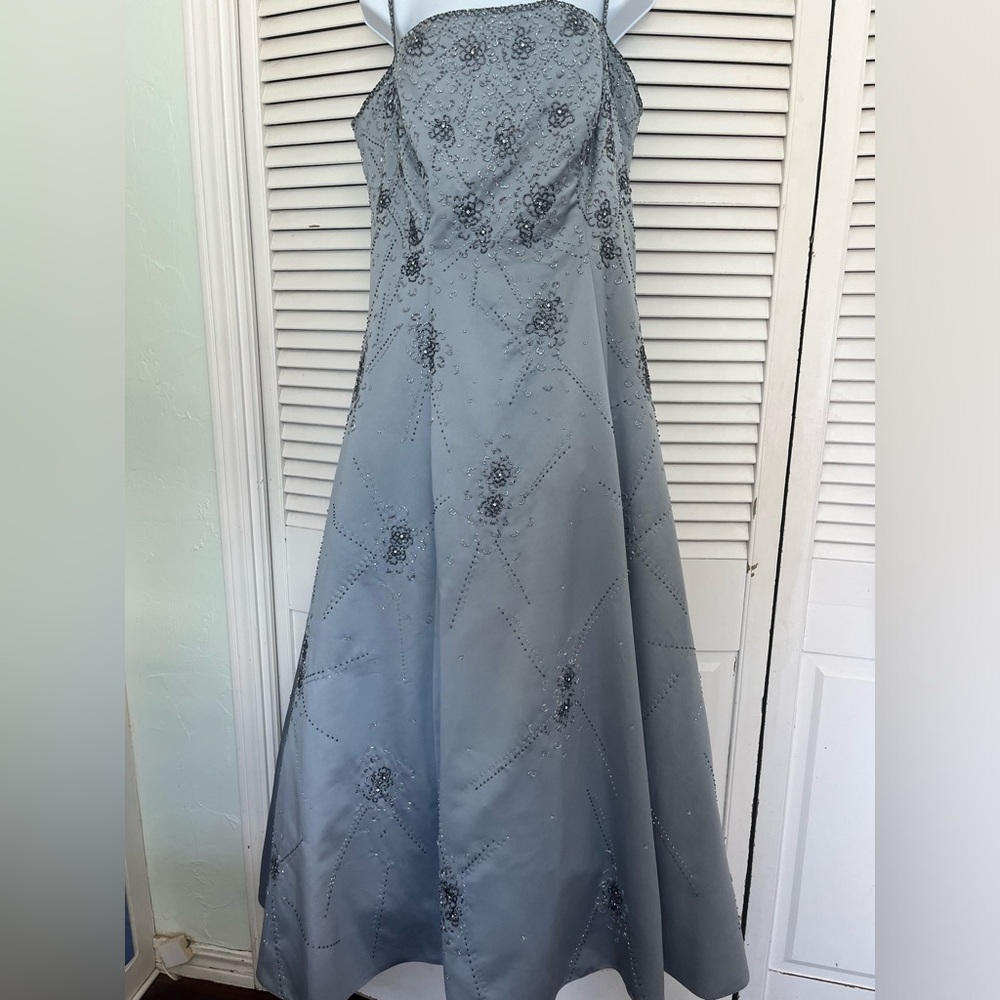 Gorgeous blue grey beaded satin evening gown/wedding dress with beaded wrap.